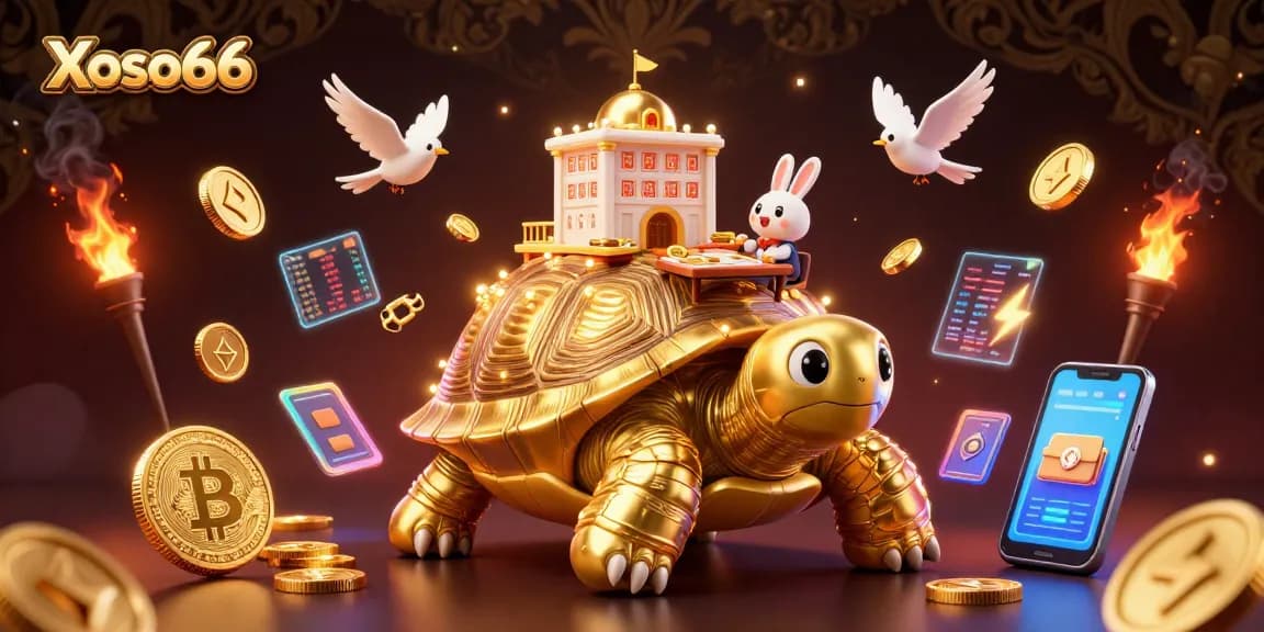 Xoso66 features a vibrant lottery scene with golden tortoise, dealer, and coins for thrilling gameplay.