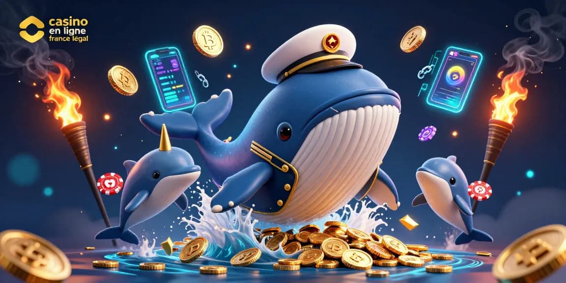 Participez à l'excitation du casino en ligne france légal avec les personnages de baleine et de dauphin au milieu d'une mer vibrante de pièces et de crypto.