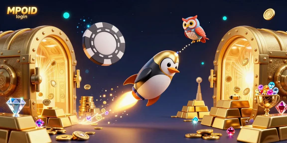 MPOID login and win big with a vibrant casino scene featuring golden treasures and engaging gameplay elements.