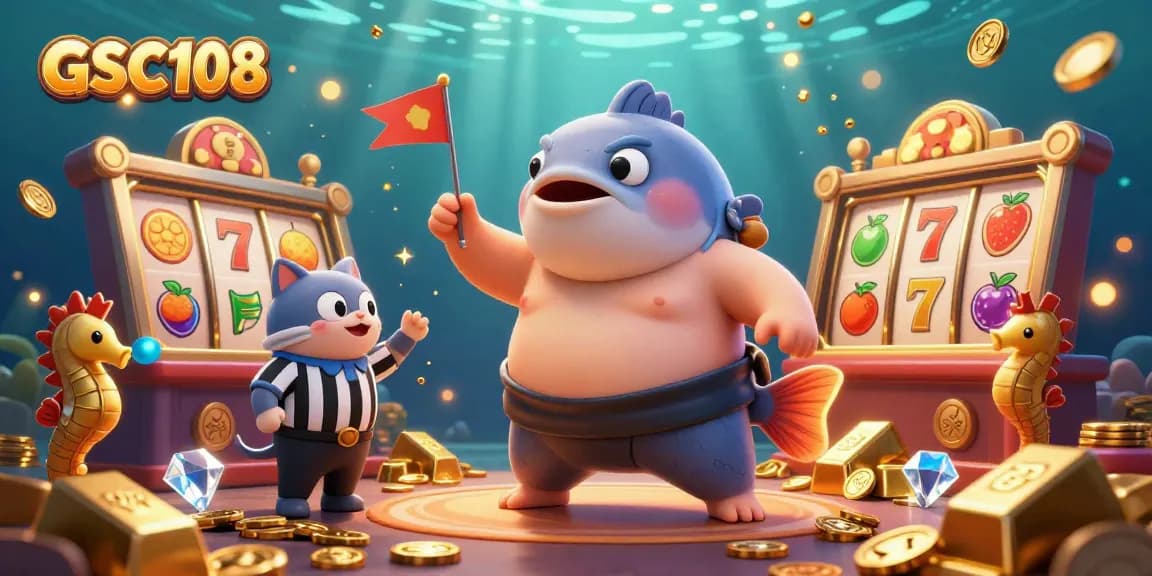 Experience exciting GSC108 action as a fugu blows up against a backdrop of vibrant casino slots.