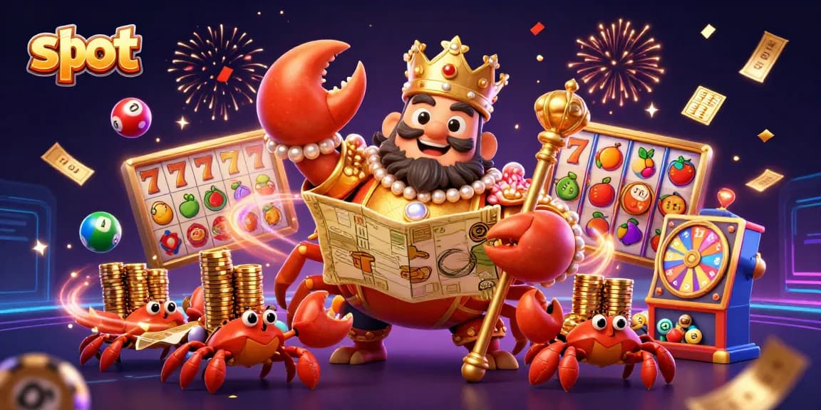 Spin the vibrant slot reels with the golden crab emperor and treasure map surrounded by exciting casino elements.