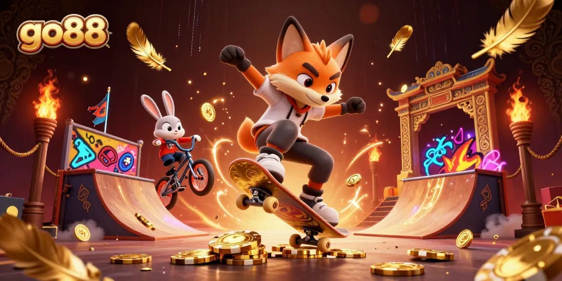 Experience go88 with a vibrant 3D scene showcasing a skateboarder fox and BMX rabbit in an exciting casino atmosphere.