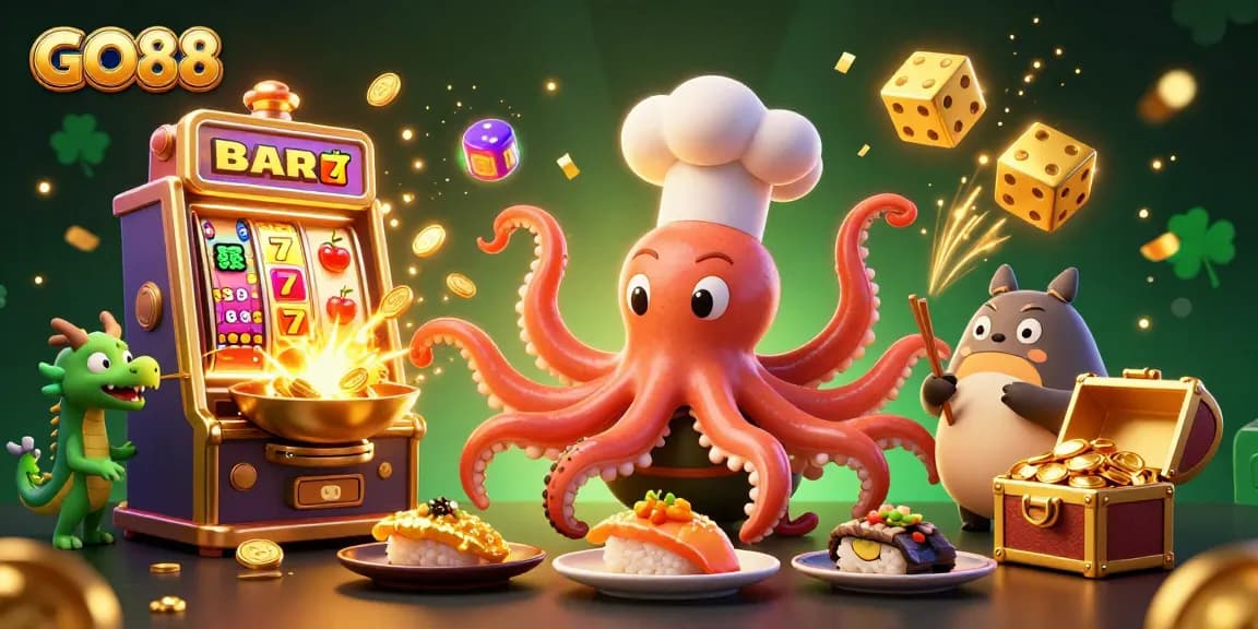 Experience gaming excitement at GO88 with vibrant slot machines bursting with prizes and animated characters.