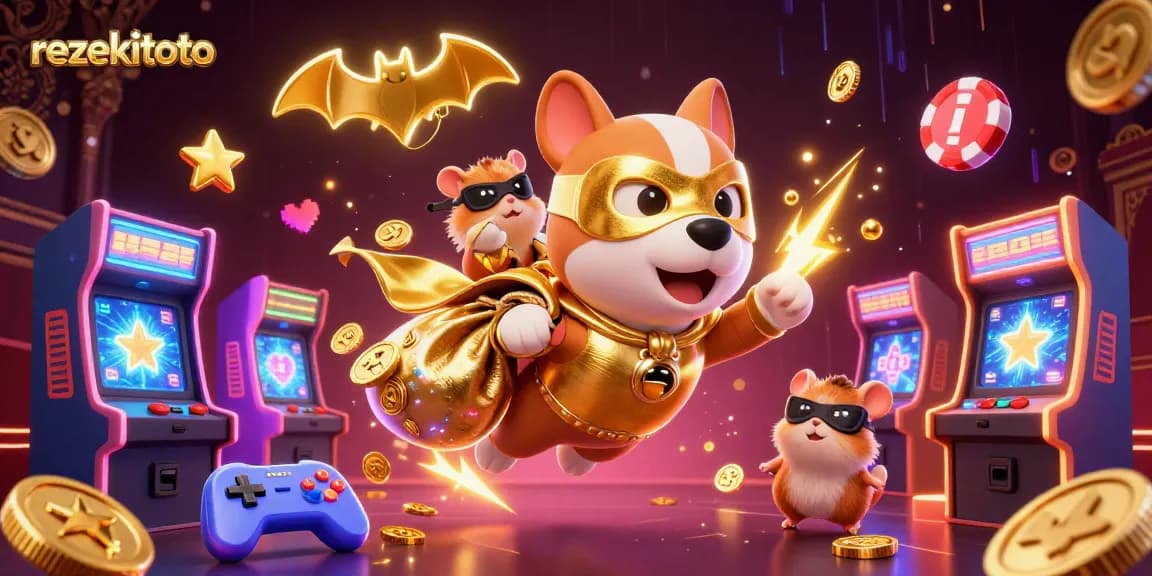 Experience thrilling wins with rezekitoto as a superhero dog and hamster duo celebrate jackpot moments!