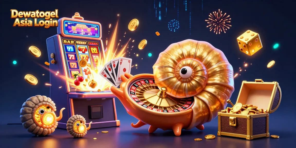 Dewatogel Asia Login showcases a vibrant casino scene featuring a giant nautilus roulette wheel and glowing ammonite companions.