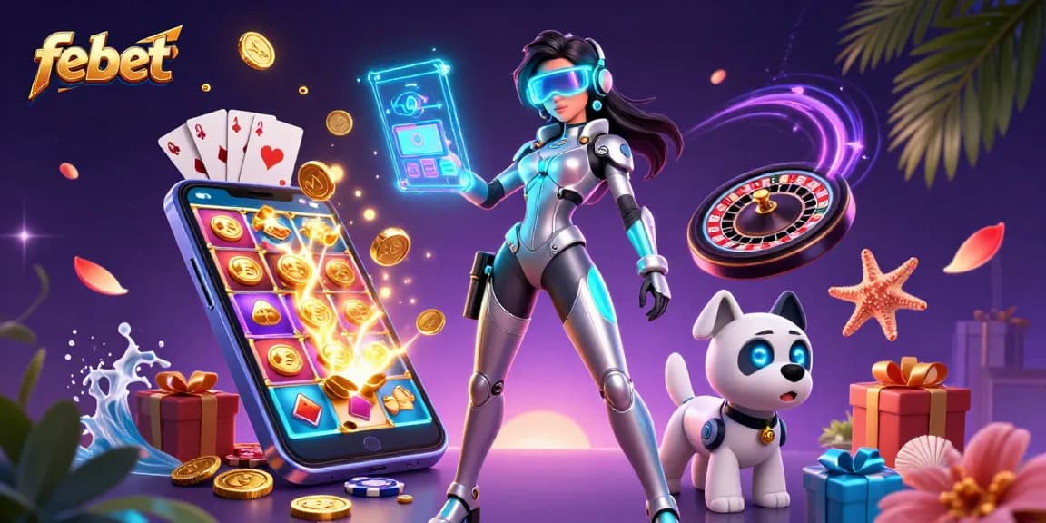 Experience thrilling gaming adventures with febet's vibrant 3D casino illustration.