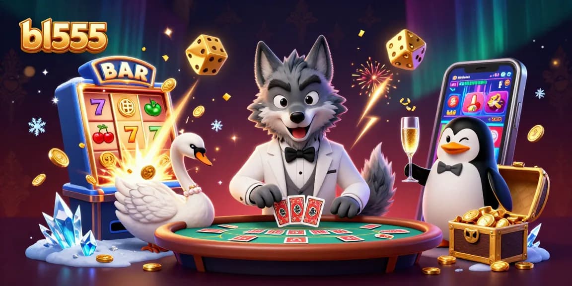 Experience bl555's thrilling casino action with a debonair wolf and elegant swan in this vibrant scene.