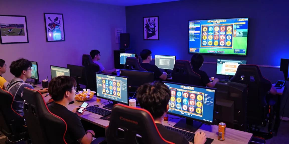 Exciting pajaktoto online gambling scene with players enjoying slot games in a vibrant lounge atmosphere.