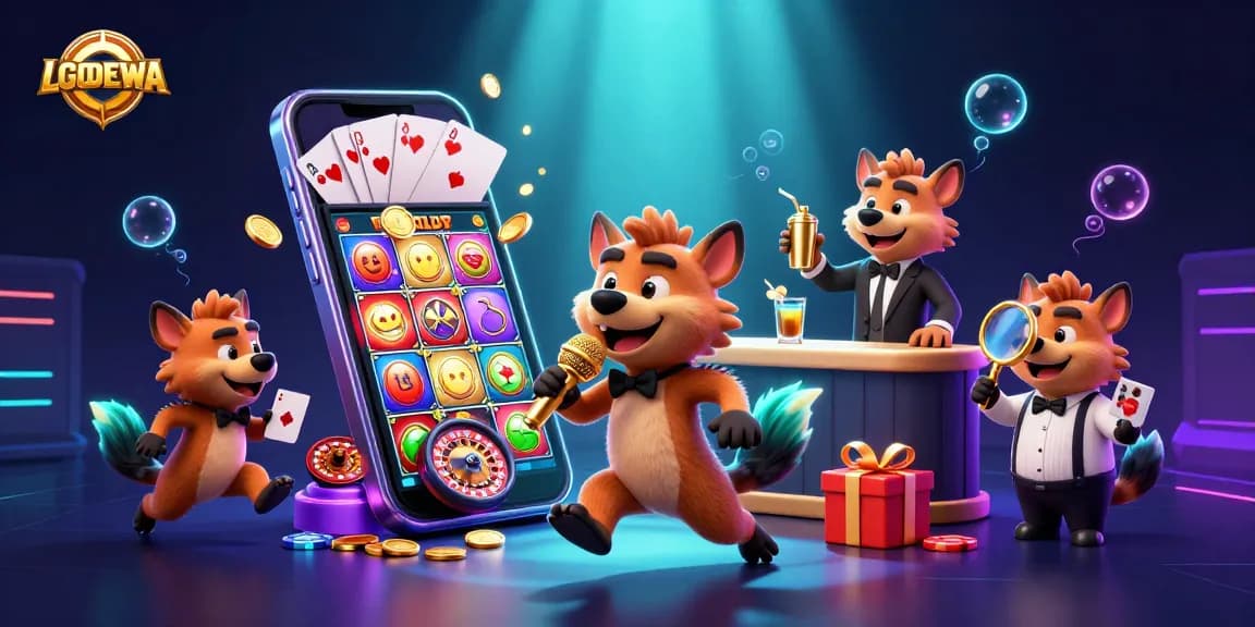 Engaging illustration of LGODEWA showcasing a dynamic casino scene with hyenas and vibrant slot games.