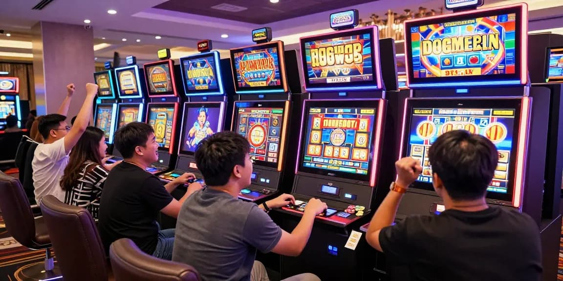 Pengalaman bermain slot gacor hari ini dengan pemain bersemangat di kasino modern, suasana penuh energi dan keceriaan.