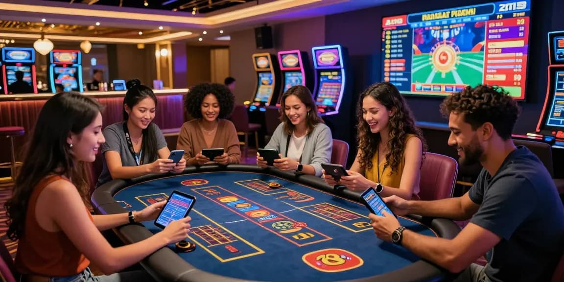 Friends enjoying gaming at 78win com's online casino in a vibrant atmosphere.