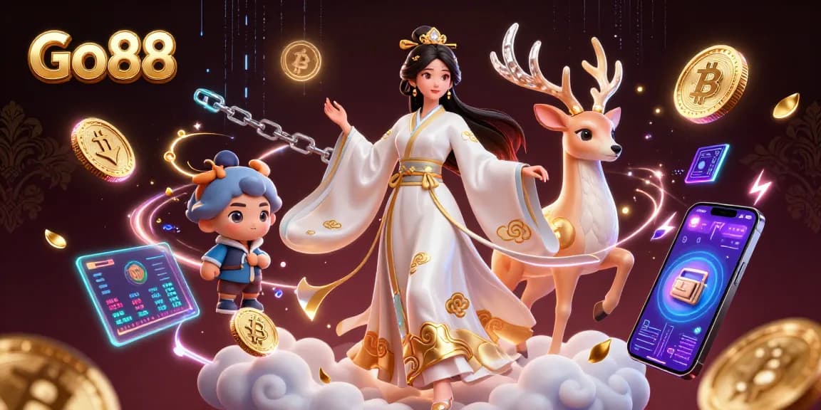 Go88's vibrant 3D rendering showcases a floating Asian woman in traditional attire, surrounded by cryptocurrency elements.