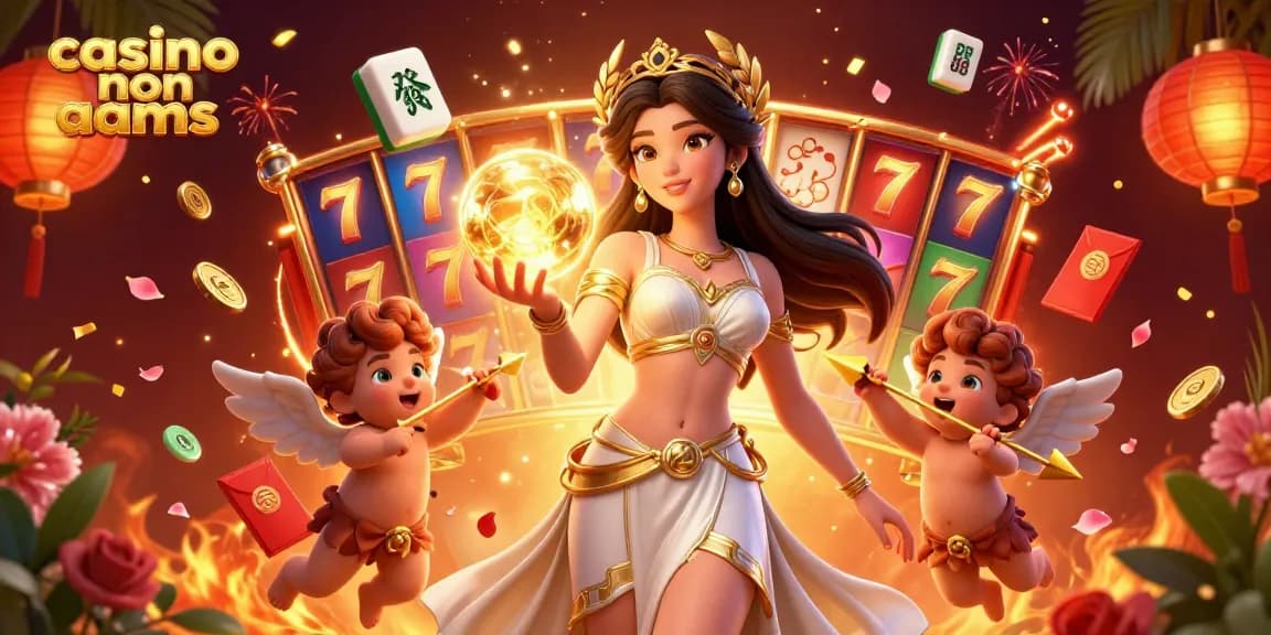 Vivi l'emozione dell'azione nei casino non AAMS con una straordinaria illustrazione 3D che presenta slot e una dea greca.