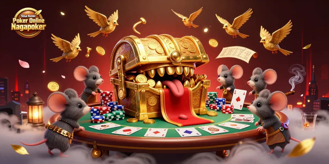 Situs Resmi Poker Online Nagapoker showcases a vibrant poker scene with treasure elements and rich graphics.
