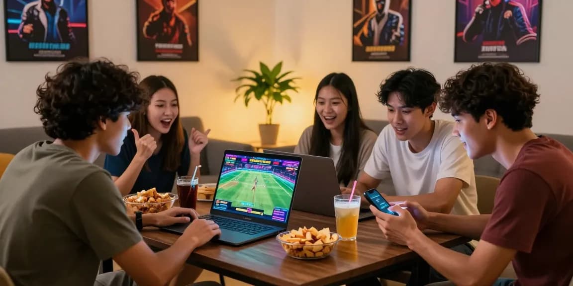 Fun88Thailand online betting scene with friends enjoying a lively gaming atmosphere.