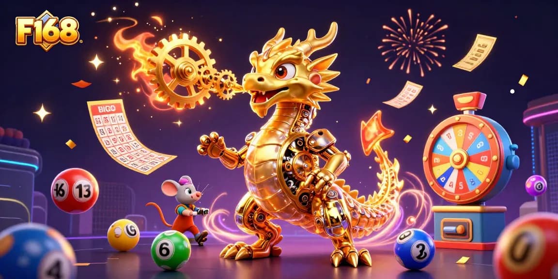Experience thrilling gameplay at F168 with a vibrant scene featuring a golden dragon and dynamic lottery elements.