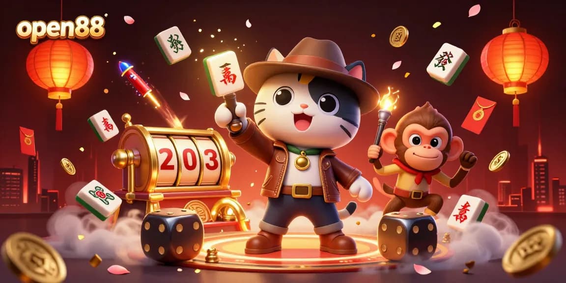 Experience open88's thrilling casino adventure with vibrant slots, artifacts, and festive decorations.