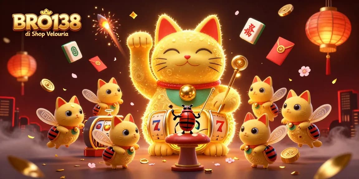 BRO138 di Shop Velouria showcases vibrant casino symbols with a lucky cat and conductor beetle creating an exciting gaming atmosphere.