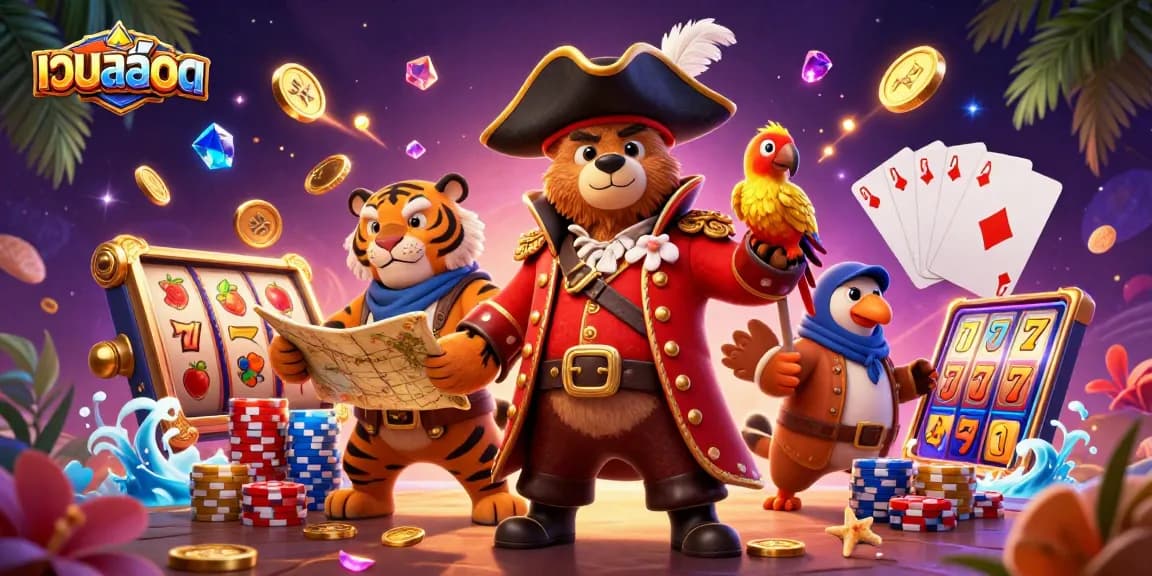 Play เว็บสล็อต with excitement as a pirate captain bear and fierce tiger join the treasure hunt.