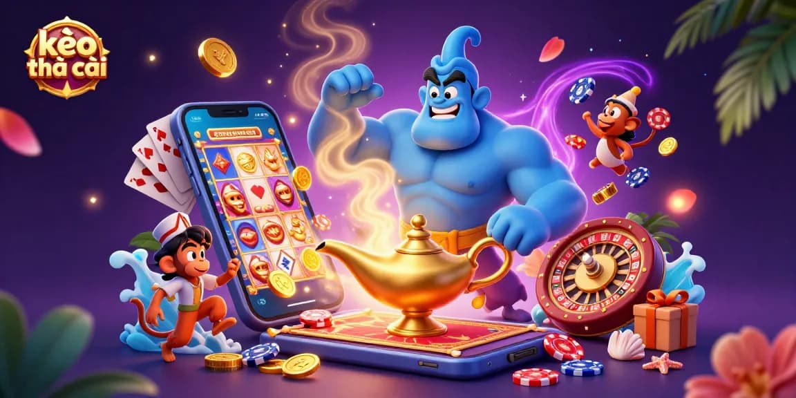 Engage with kèo nhà cái exploring vibrant 3D genie scene featuring casino elements and lively characters.