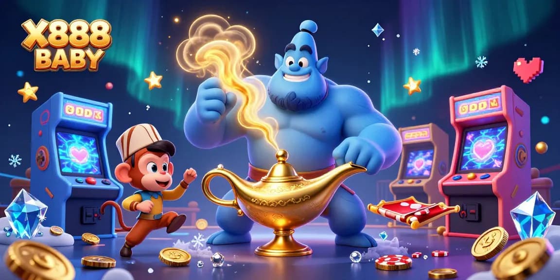 X888 BABY brings excitement to online gaming with a captivating casino illustration featuring a genie and playful characters.