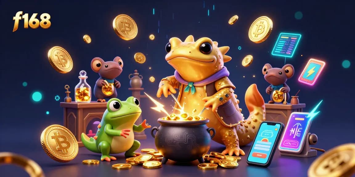 Engage with f168's vibrant gambling scene featuring an alchemist and crypto elements.
