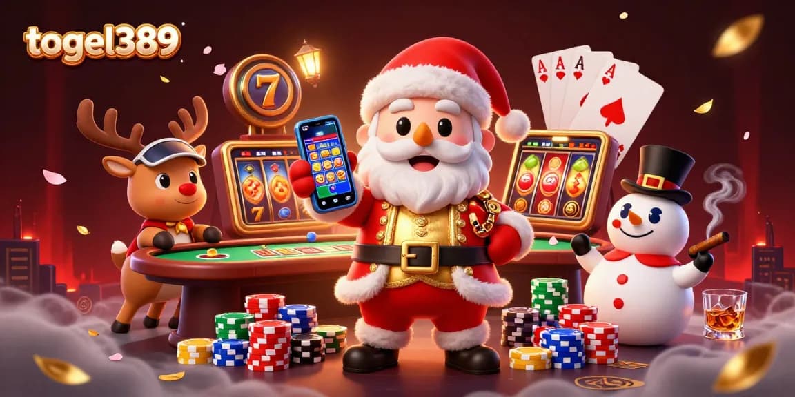 Win big with togel389 as a cartoon Santa celebrates jackpot slots in vibrant casino action.