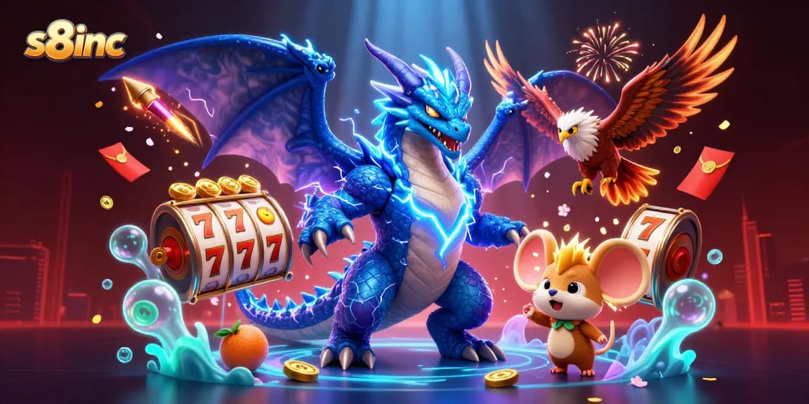 Experience thrilling casino action with s8inc's vibrant characters and slot games illustration.