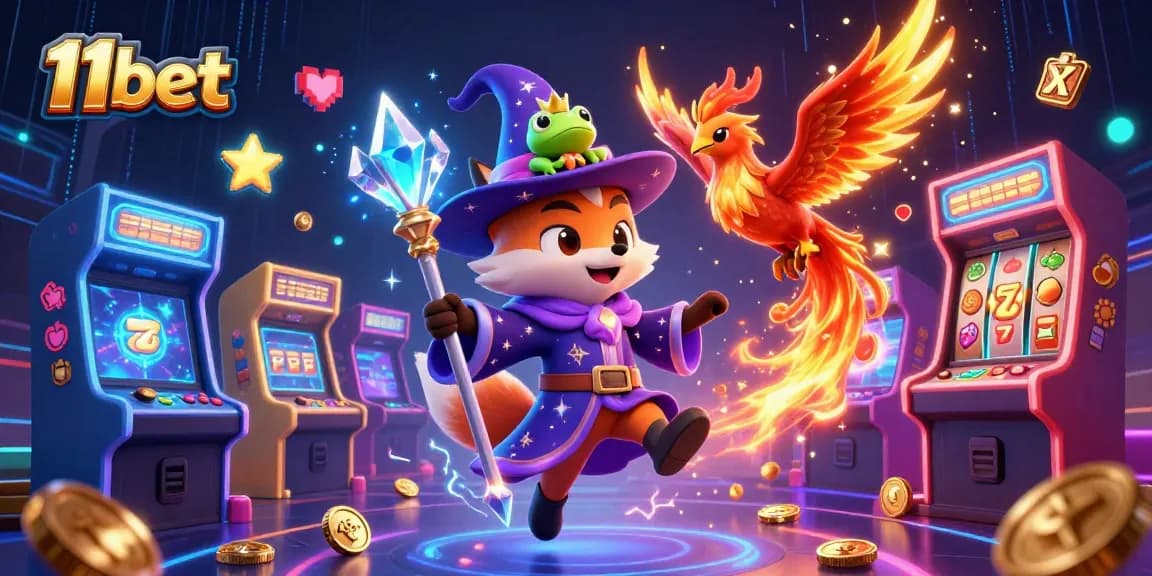 Experience the magic of 11bet with a wizard fox, phoenix, and arcade games in a dazzling casino scene.