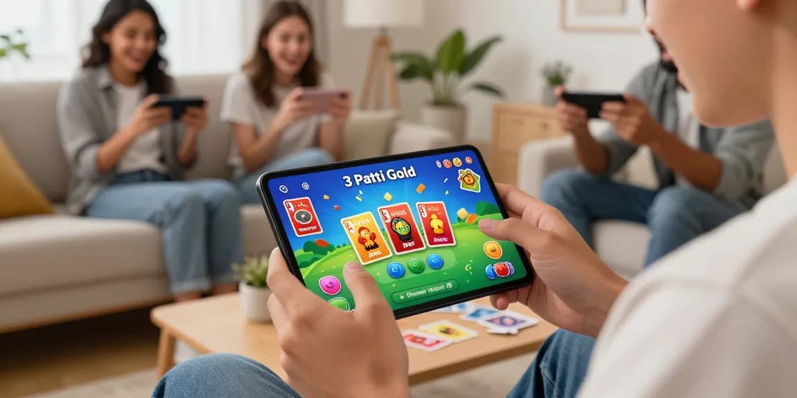 Engaging moment to download teen Patti gold app showcasing a player enjoying multiplayer card game with friends in a cozy living room.