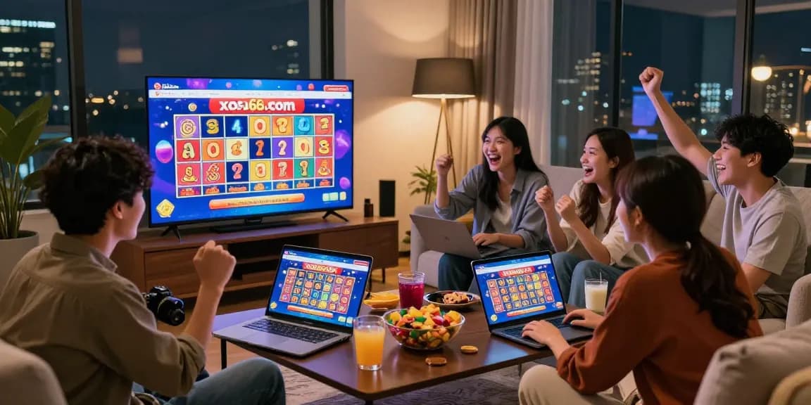 Friends enjoying a lively lottery night with xoso66.com displayed on devices.