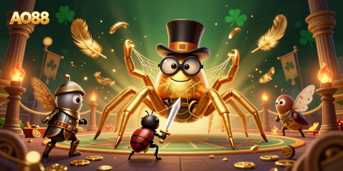Betting on AO88 with a golden tarantula weaving wealth and adventure in a dynamic casino scene.