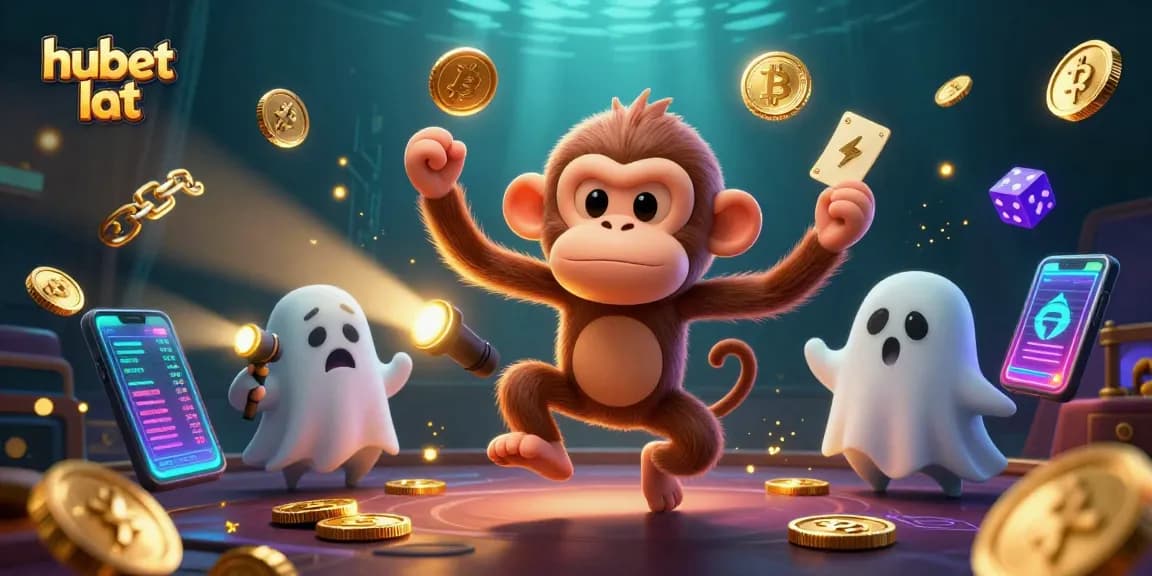 Experience the vibrant hubet lat casino atmosphere with a playful poltergeist monkey and a curious puppy.