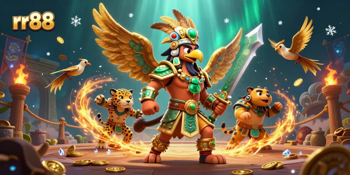 rr88 showcases an Aztec warrior amidst golden coins, capturing the thrill of online gaming excitement.