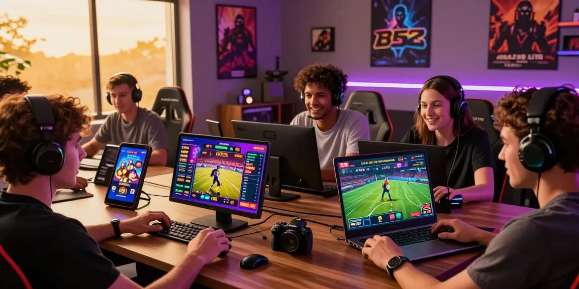 Players immersed in the exciting B52 gaming experience on multiple devices, showcasing engaging graphics and lively atmosphere.