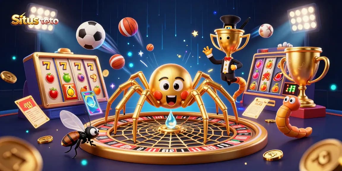 Situs toto illustration with a golden spider and centipede croupier in a vibrant casino scene.
