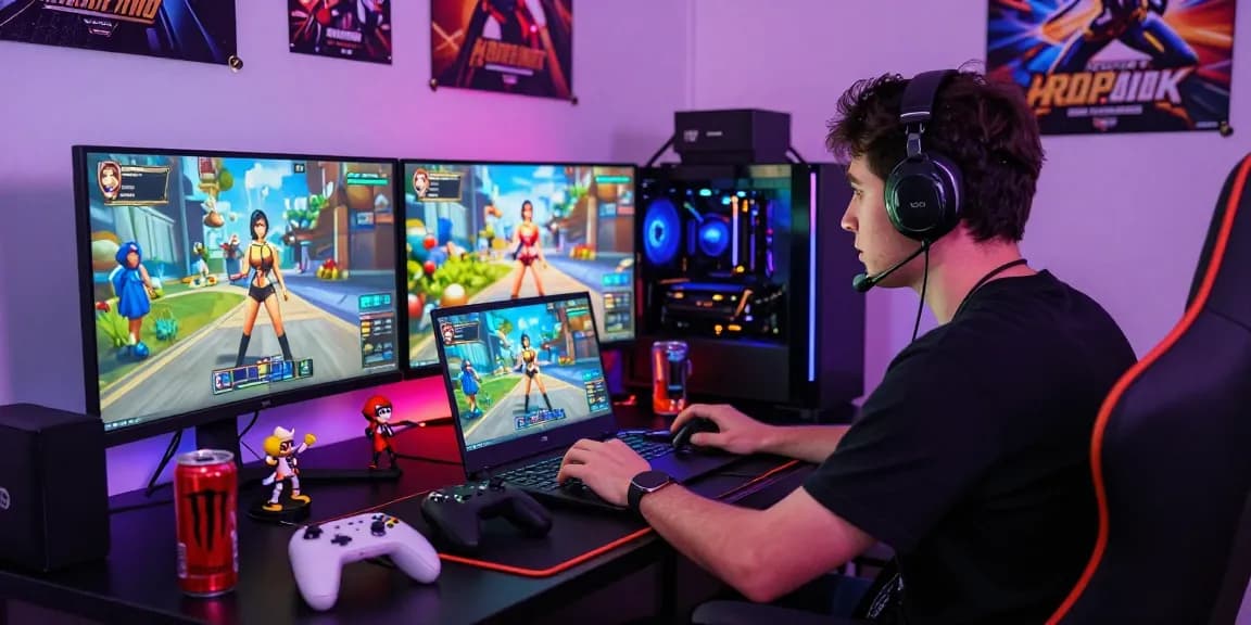 Gamer immersed in a 3D hentai game with colorful LED lighting