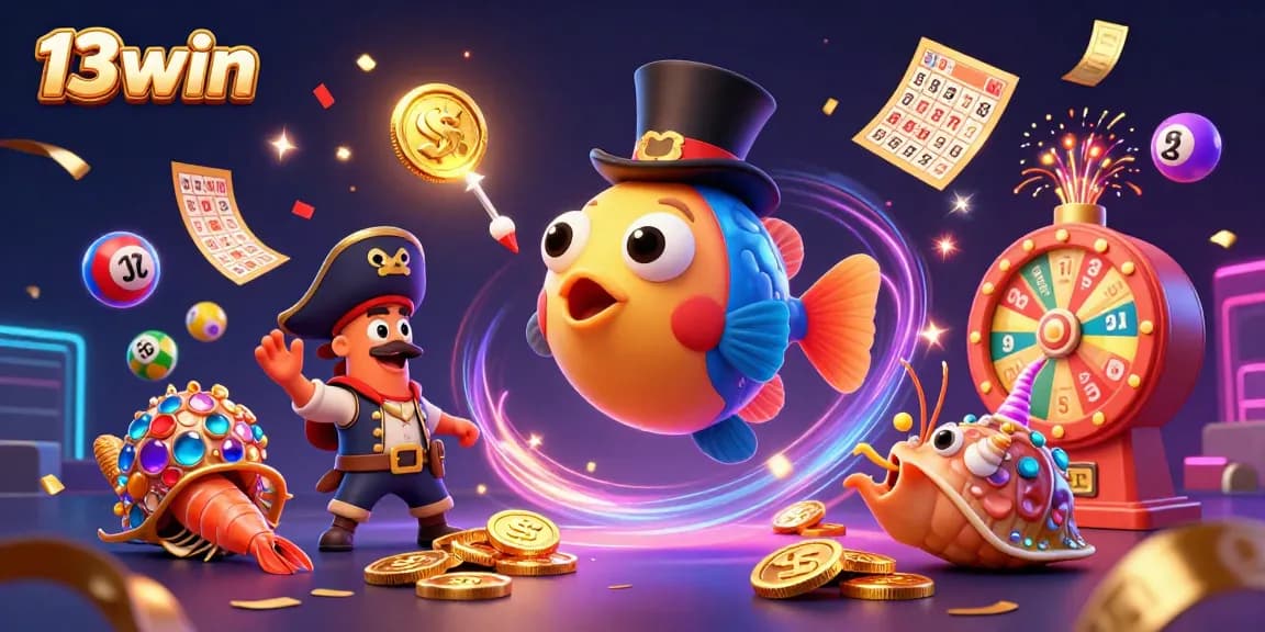 Engage in exciting gambling adventures with 13win's vibrant lottery scene featuring animated characters.