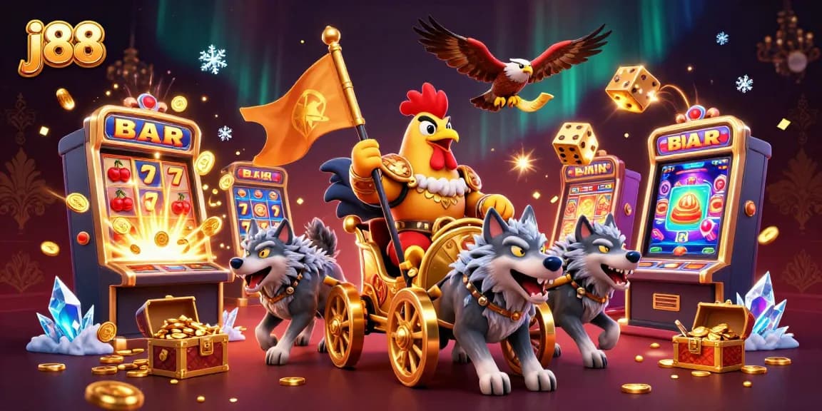 Engage in thrilling j88 casino adventures with a rooster warlord and wolves amid jackpot chaos.