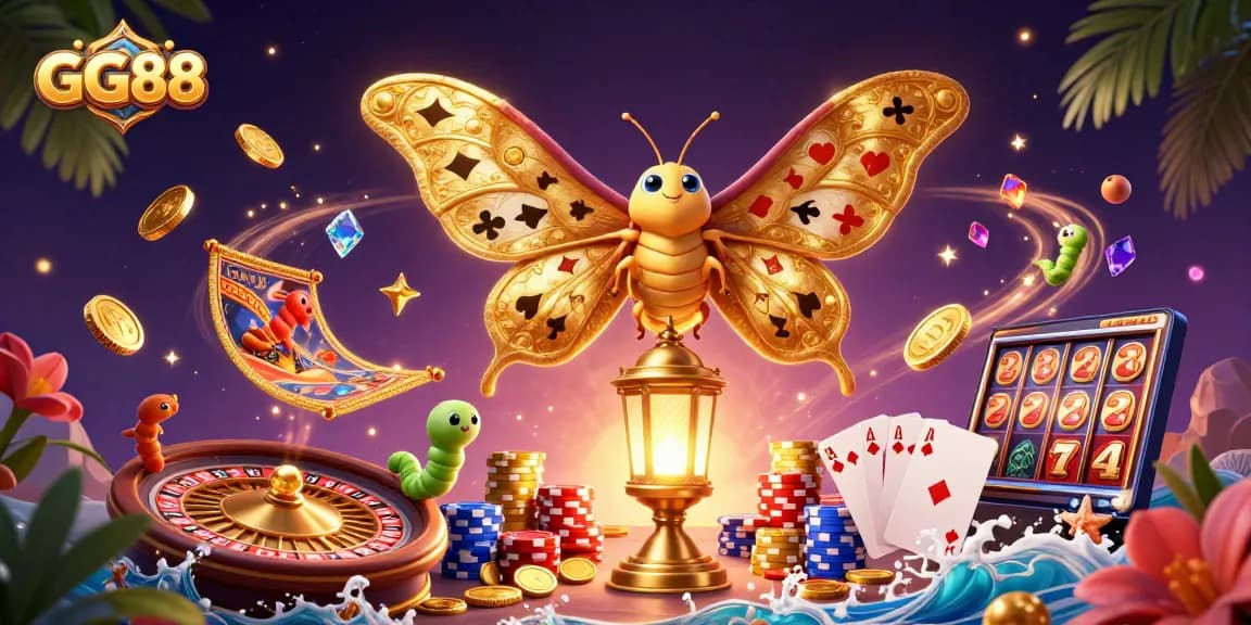 Experience thrilling gaming with GG88's vibrant online casino illustrations filled with slots and roulette.