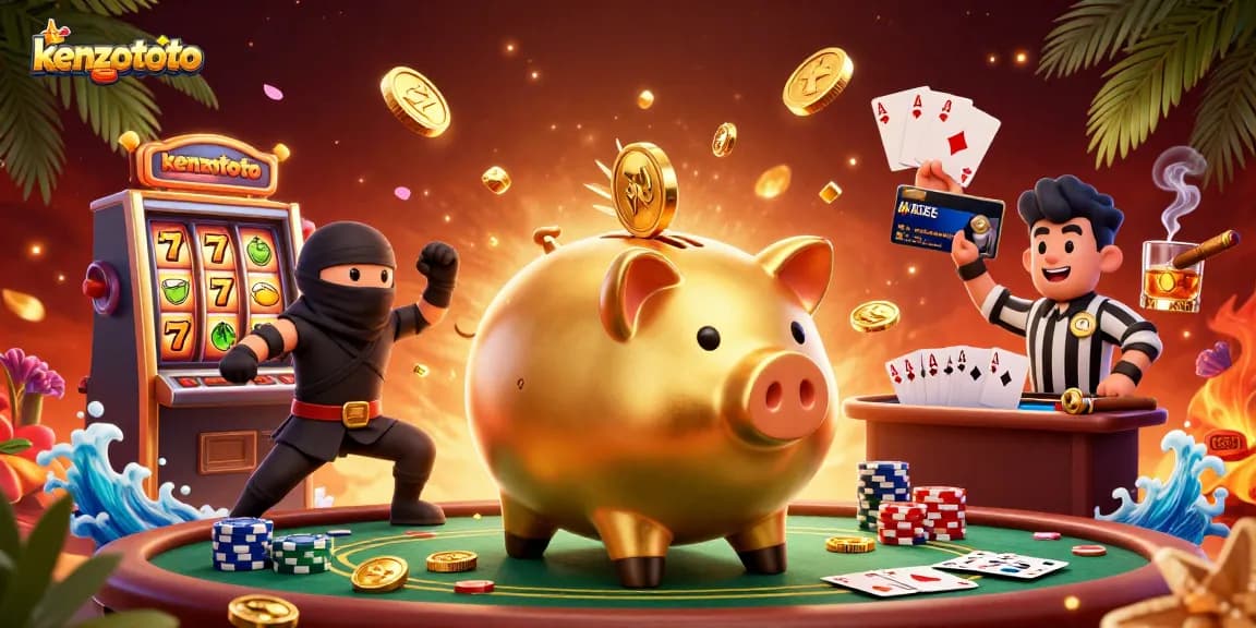 Kenzototo offers thrilling gameplay in this dynamic casino scene with exciting slot reels and energetic characters.