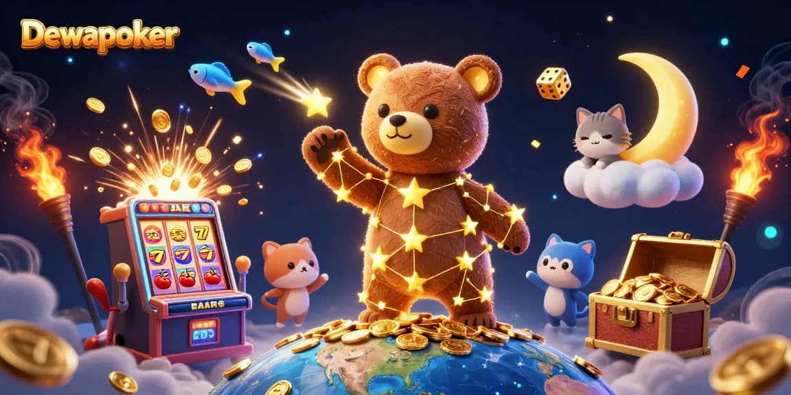 Dewapoker showcases vibrant 3D illustrations of casino action with golden coins and exciting game elements.
