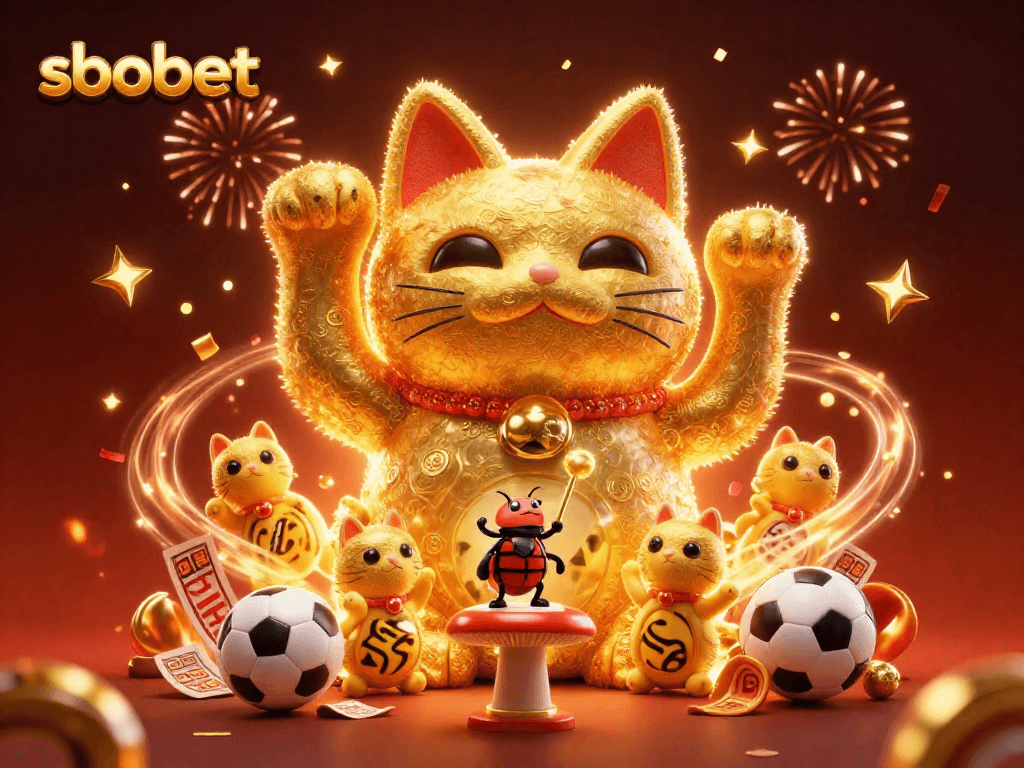Bet on sbobet and celebrate wins with dynamic sports symbols in a vibrant promotional illustration.