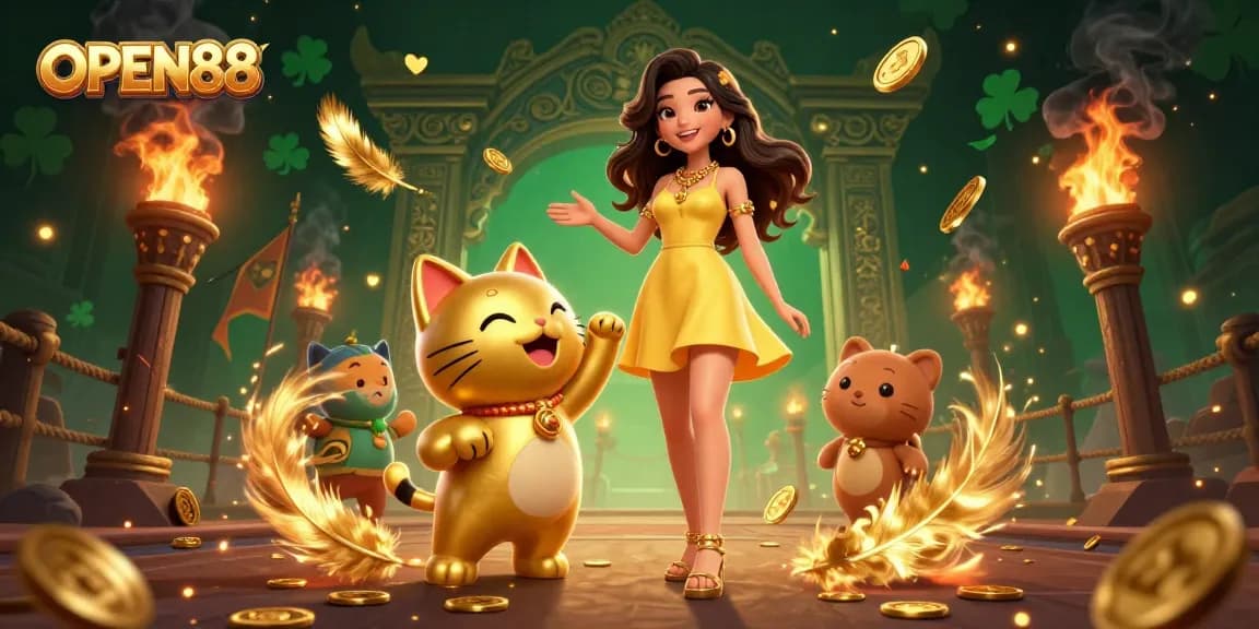 Engage with OPEN88's vibrant casino experience featuring a joyful woman and lucky cat mascot.