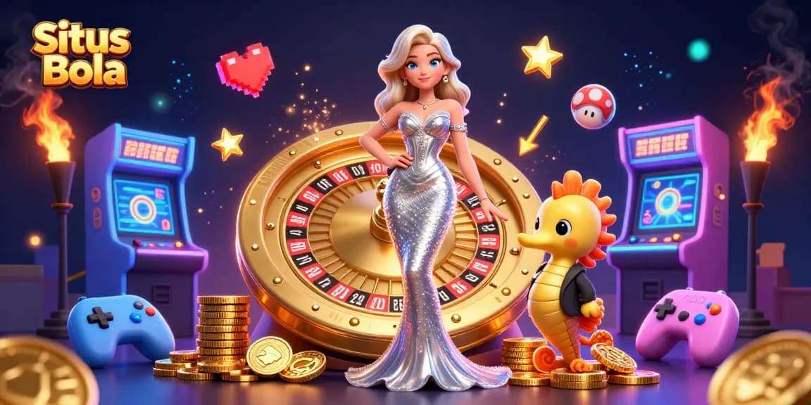 Experience excitement with Situs Bola and a stunning mermaid in a sparkling gown by a golden roulette wheel.