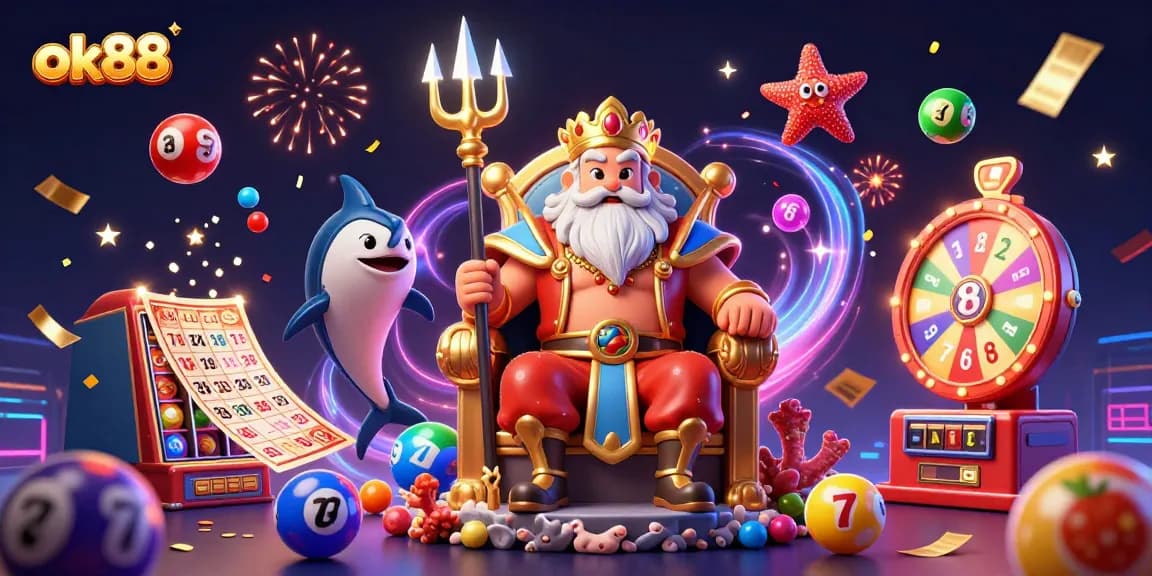 Engage with ok88's vibrant lottery scene featuring Neptune and dynamic gaming elements.