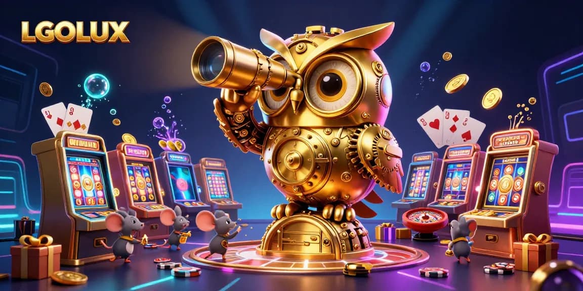Spin the reels at LGOLUX with a captivating clockwork owl overseeing vibrant slot game elements.
