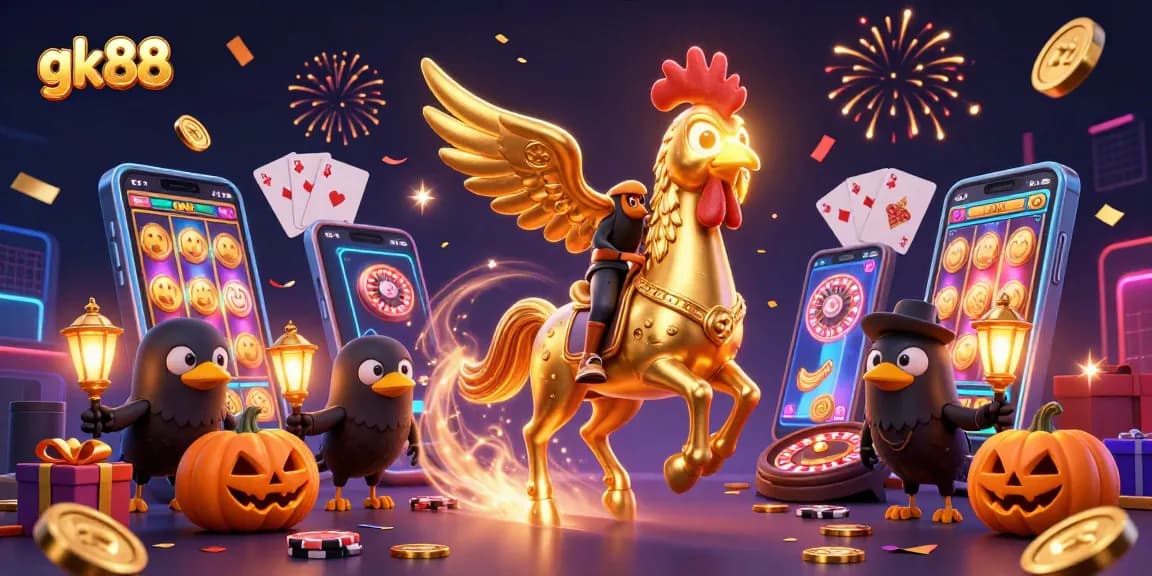 Experience thrilling wins at gk88 with golden rooster characters in a vibrant casino setting.
