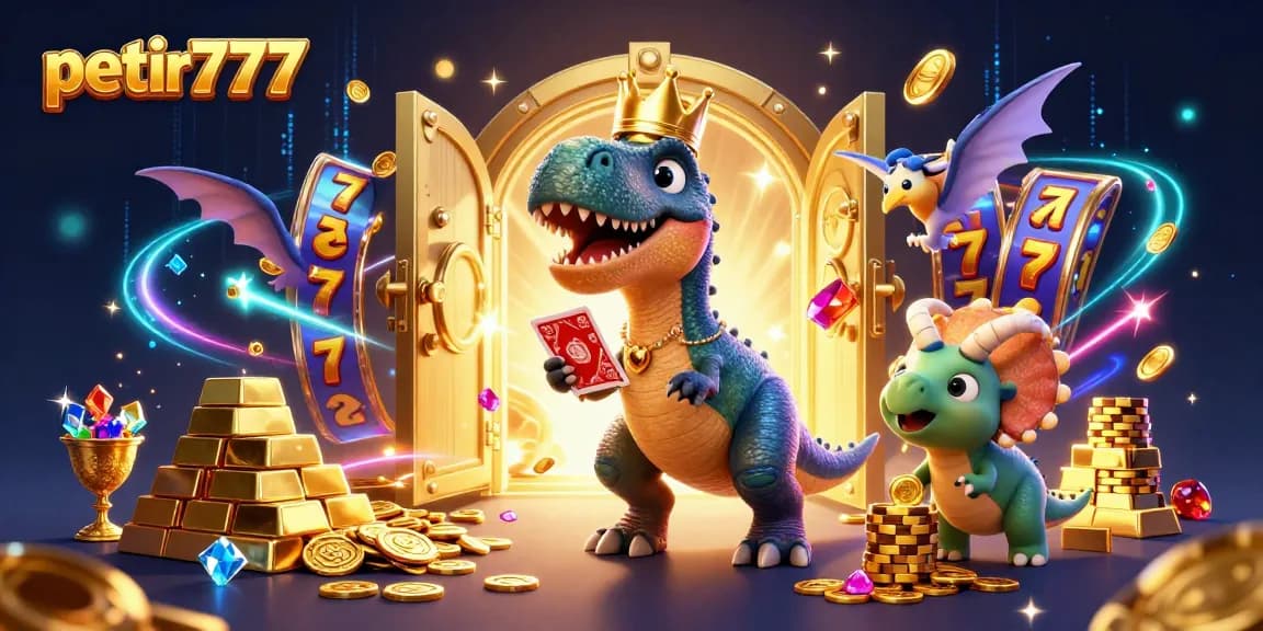 Experience the thrill of gaming with petir777 in this vibrant 3D casino scene filled with money, cards, and excitement.