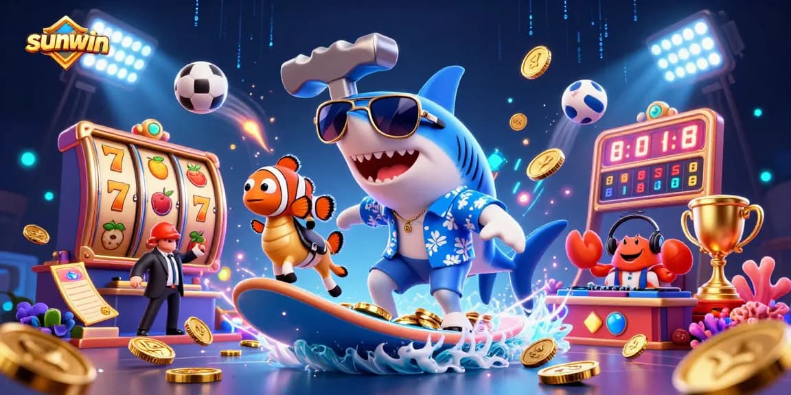 Experience thrilling wins with sunwin's lively casino scene of a shark surfing gold coins.
